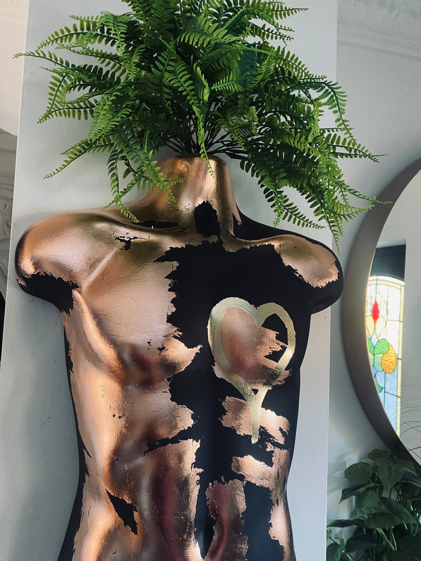 Male Wall Torso Boobie Artificial Plant Holder Black with copper leaf and a gold leaf heart