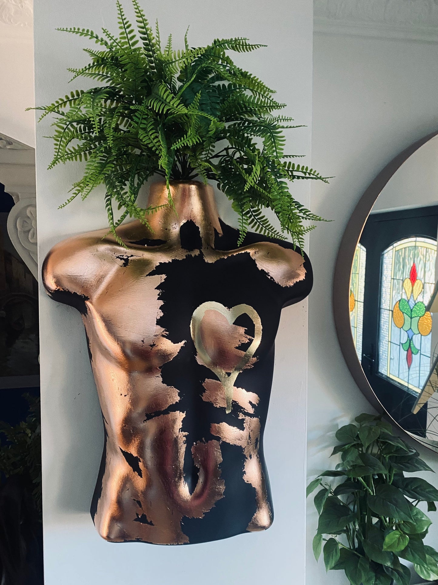 Male Wall Torso Boobie Artificial Plant Holder Black with copper leaf and a gold leaf heart