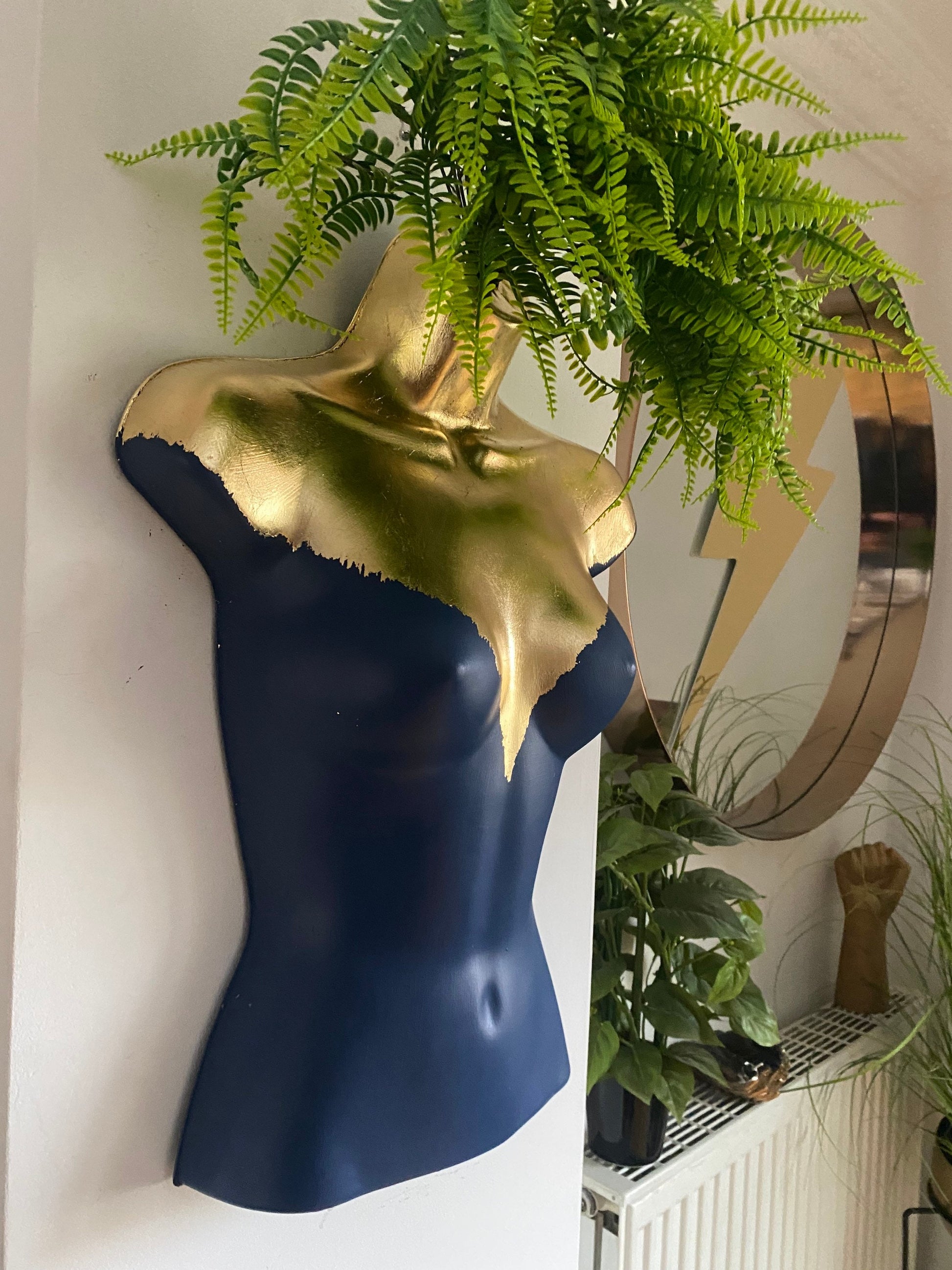 Female Boobie  Wall Torso Boobie Artificial Plant Holder Blue and Gold