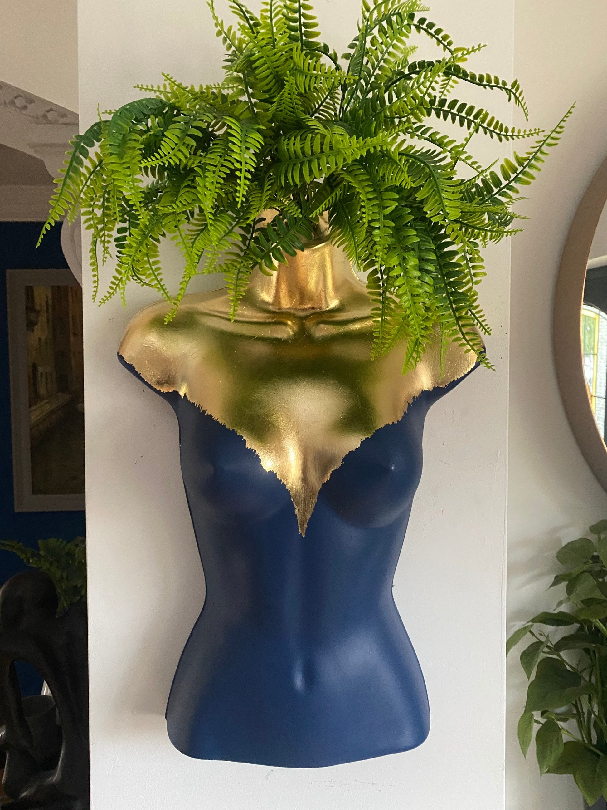 Female Boobie  Wall Torso Boobie Artificial Plant Holder Blue and Gold