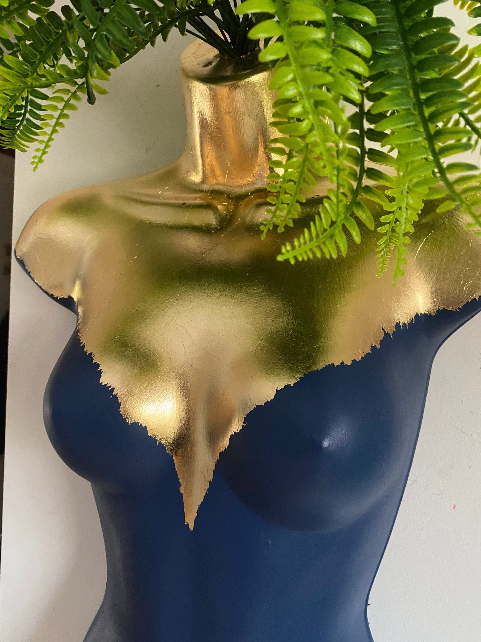 Female Boobie  Wall Torso Boobie Artificial Plant Holder Blue and Gold