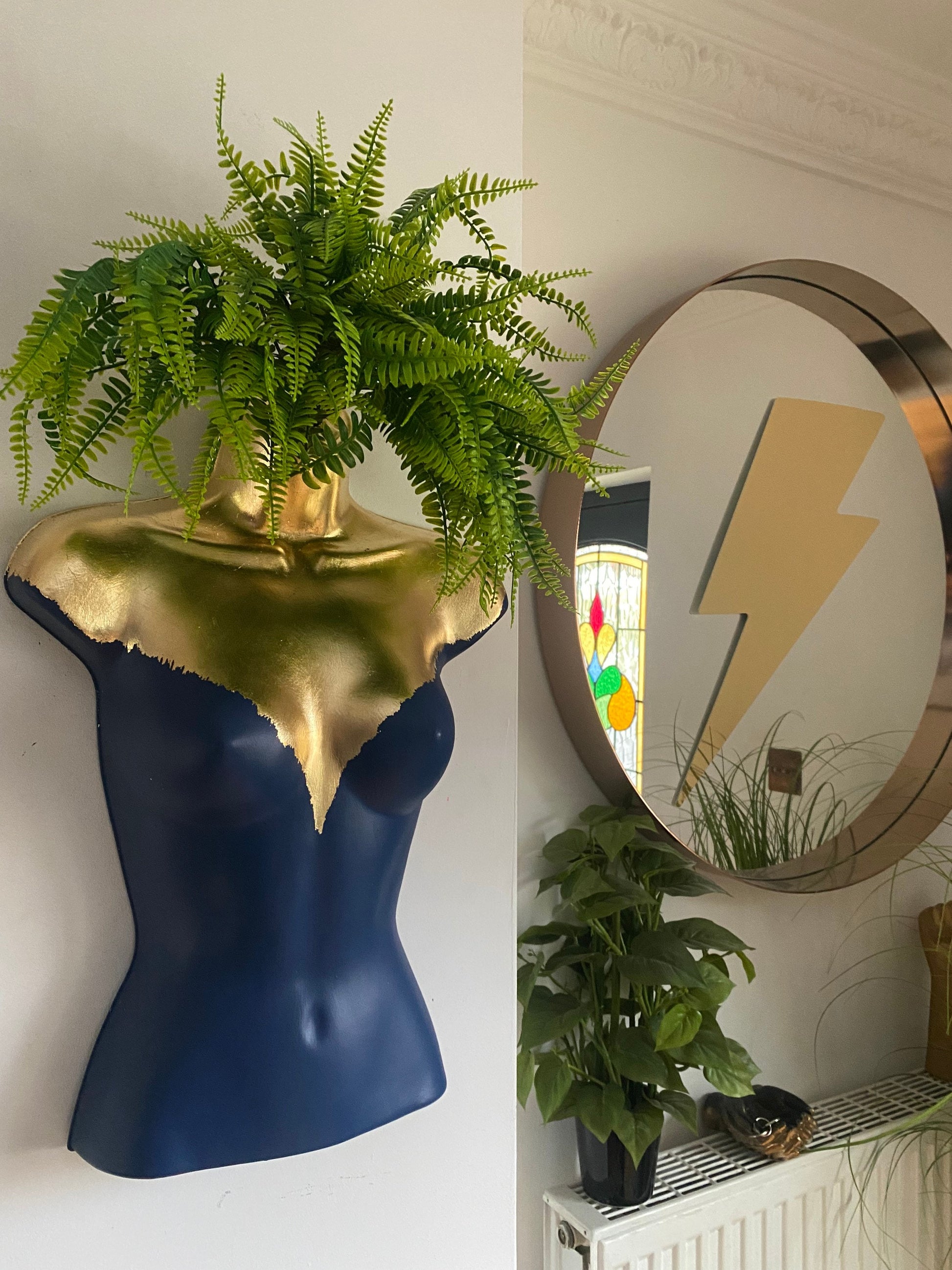 Female Boobie  Wall Torso Boobie Artificial Plant Holder Blue and Gold