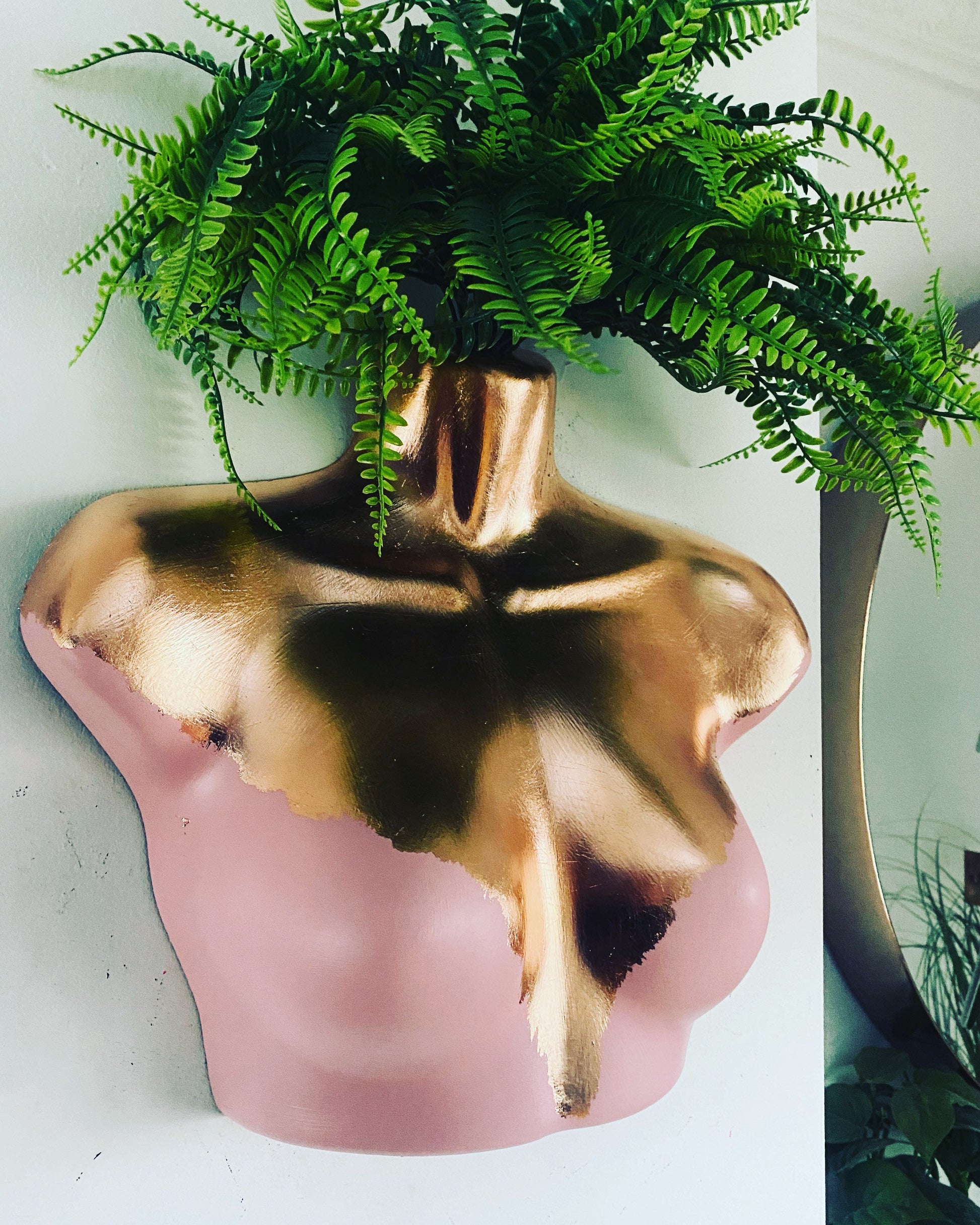 Female Wall Torso Boobie Artificial Plant Holder Pink and Rose Gold