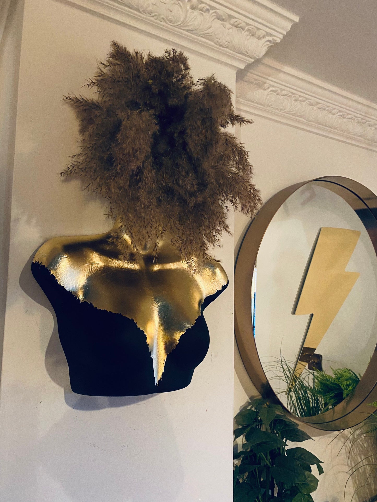 Female Wall Torso Boobie Artificial Plant Holder Black and Gold