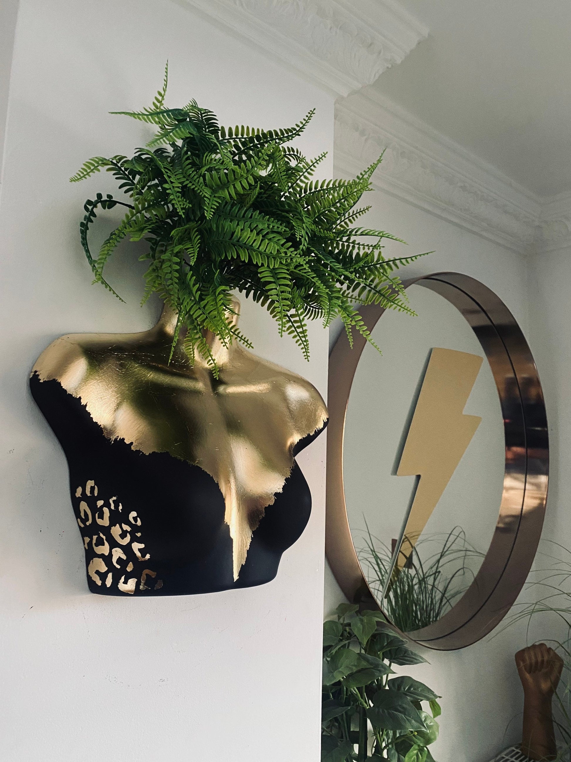 Female Wall Torso Boobie Artificial Plant Holder Black and Gold with gold leopard