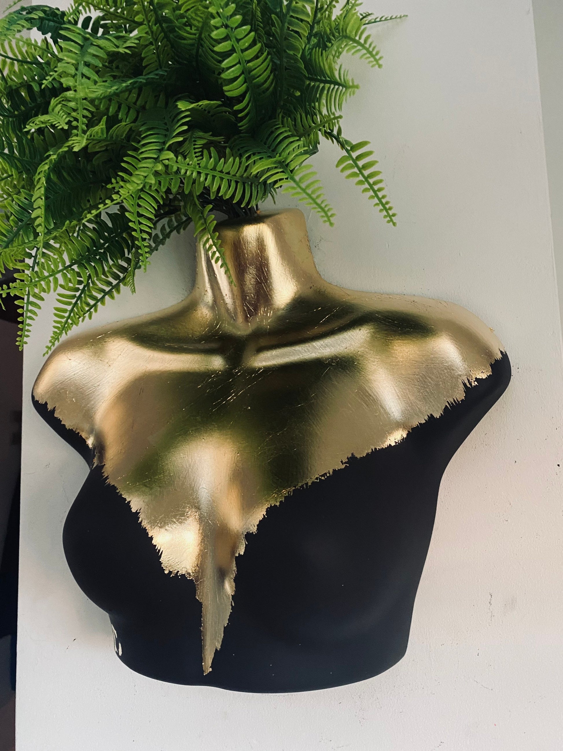 Female Wall Torso Boobie Artificial Plant Holder Black and Gold with gold leopard