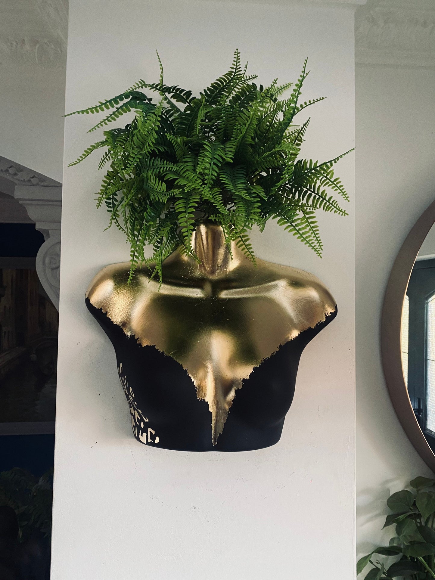 Female Wall Torso Boobie Artificial Plant Holder Black and Gold with gold leopard