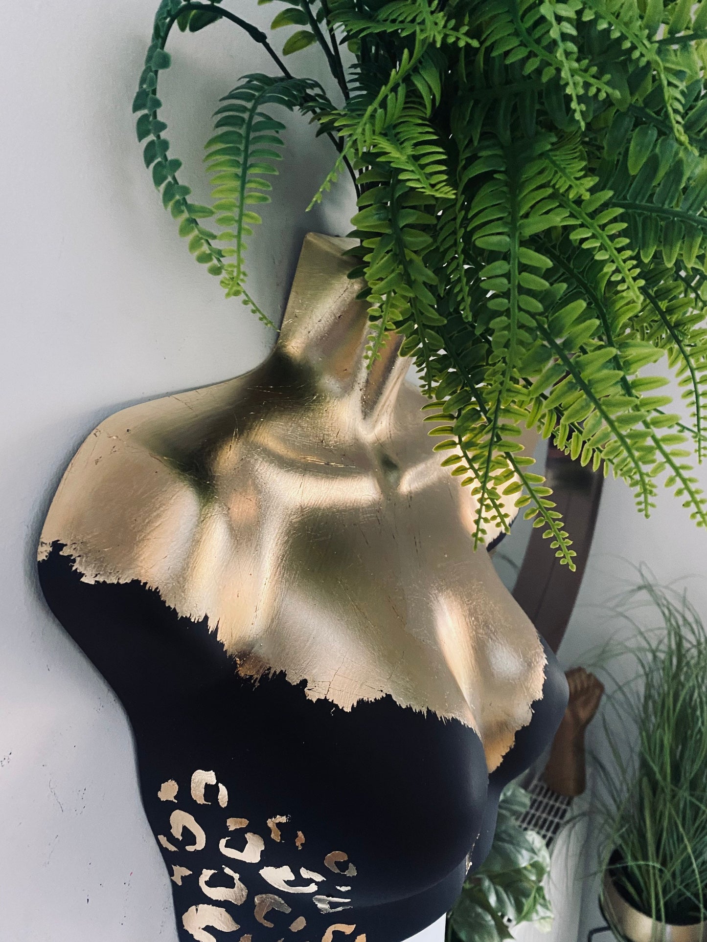 Female Wall Torso Boobie Artificial Plant Holder Black and Gold with gold leopard