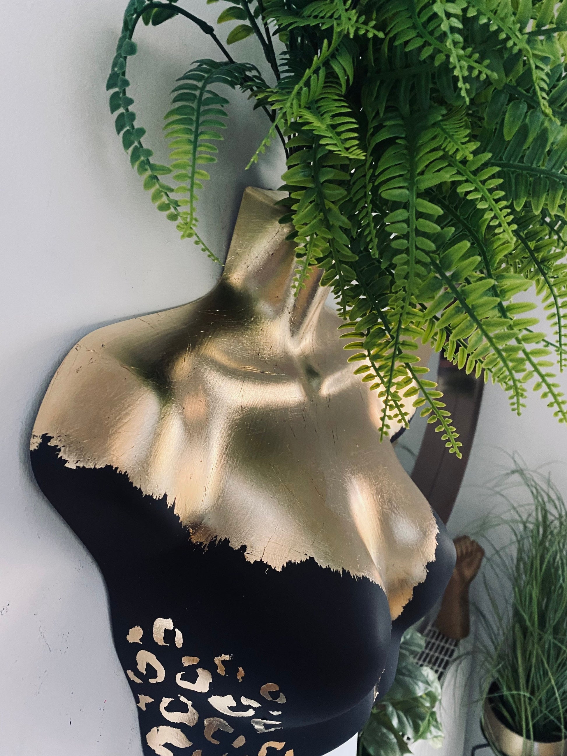 Female Wall Torso Boobie Artificial Plant Holder Black and Gold with gold leopard