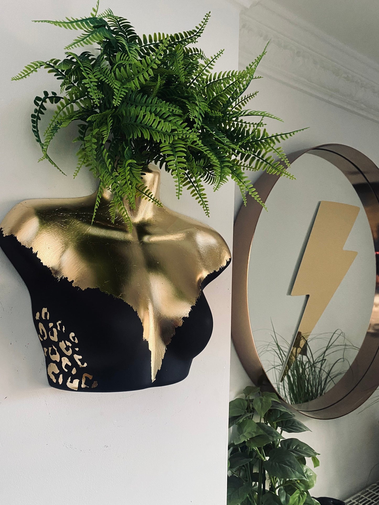 Female Wall Torso Boobie Artificial Plant Holder Black and Gold with gold leopard