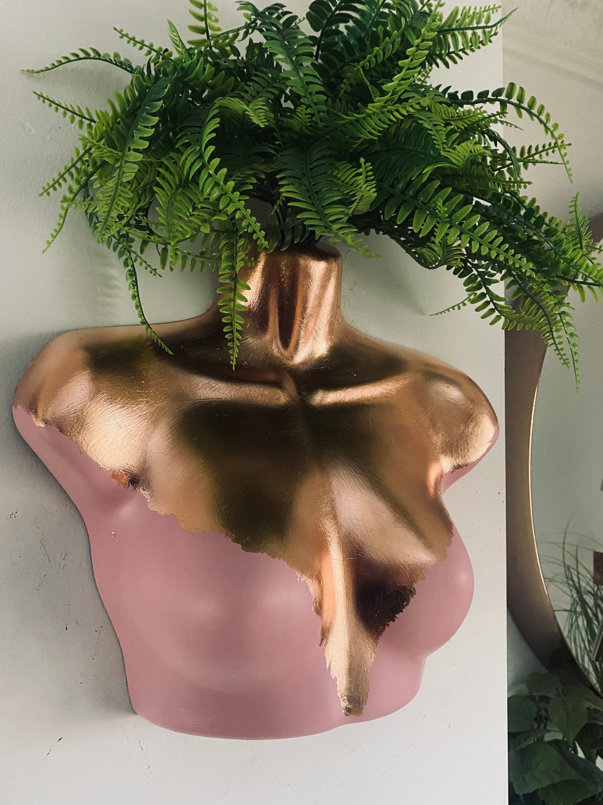 Female Wall Torso Boobie Artificial Plant Holder Pink and Rose Gold