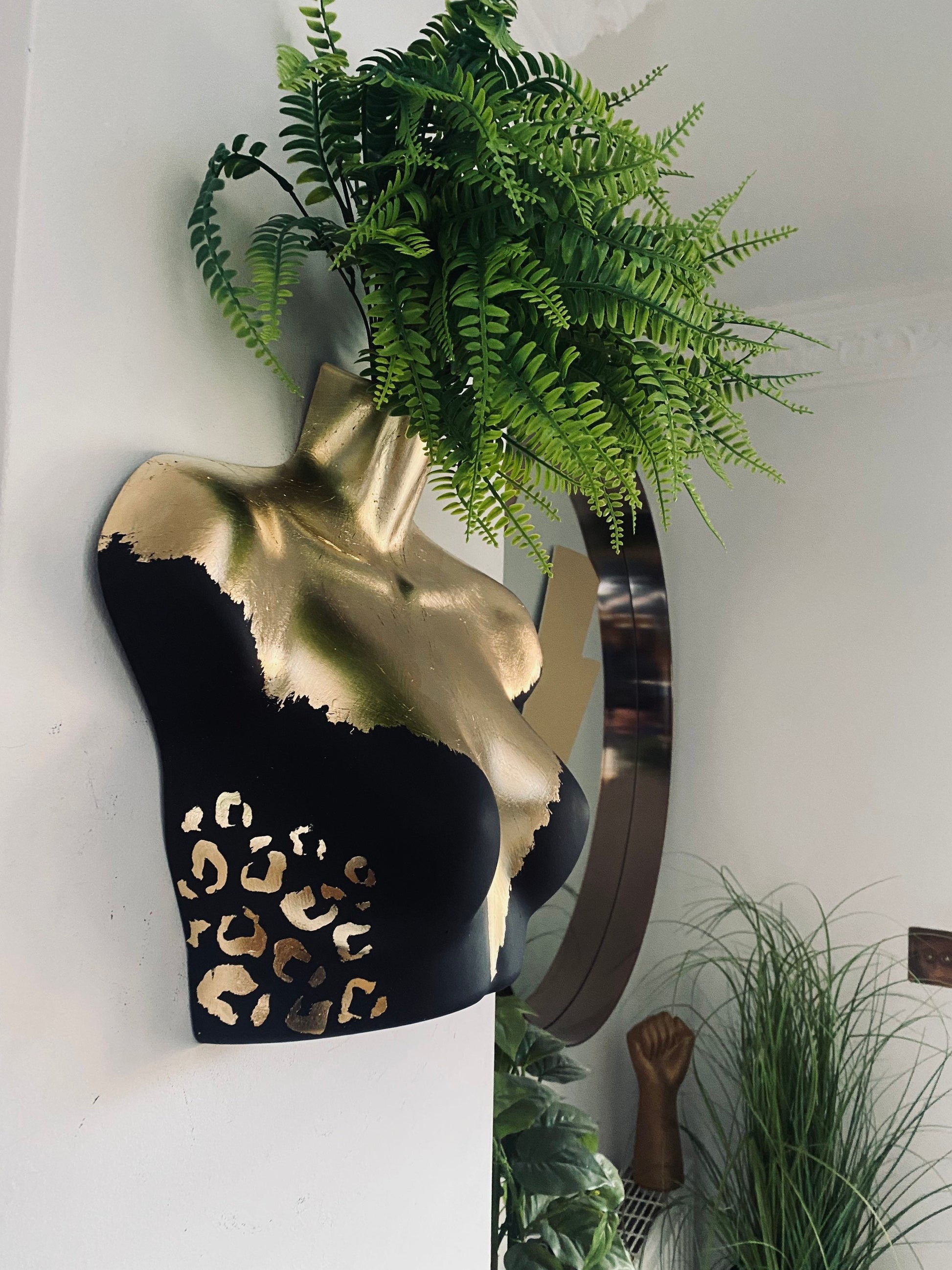 Female Wall Torso Boobie Artificial Plant Holder Black and Gold with gold leopard