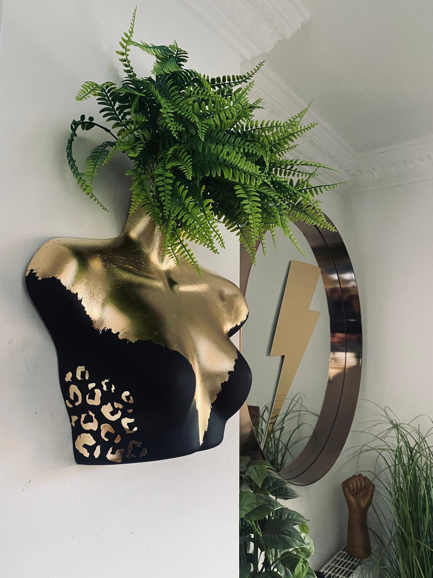 Female Wall Torso Boobie Artificial Plant Holder Black and Gold with gold leopard