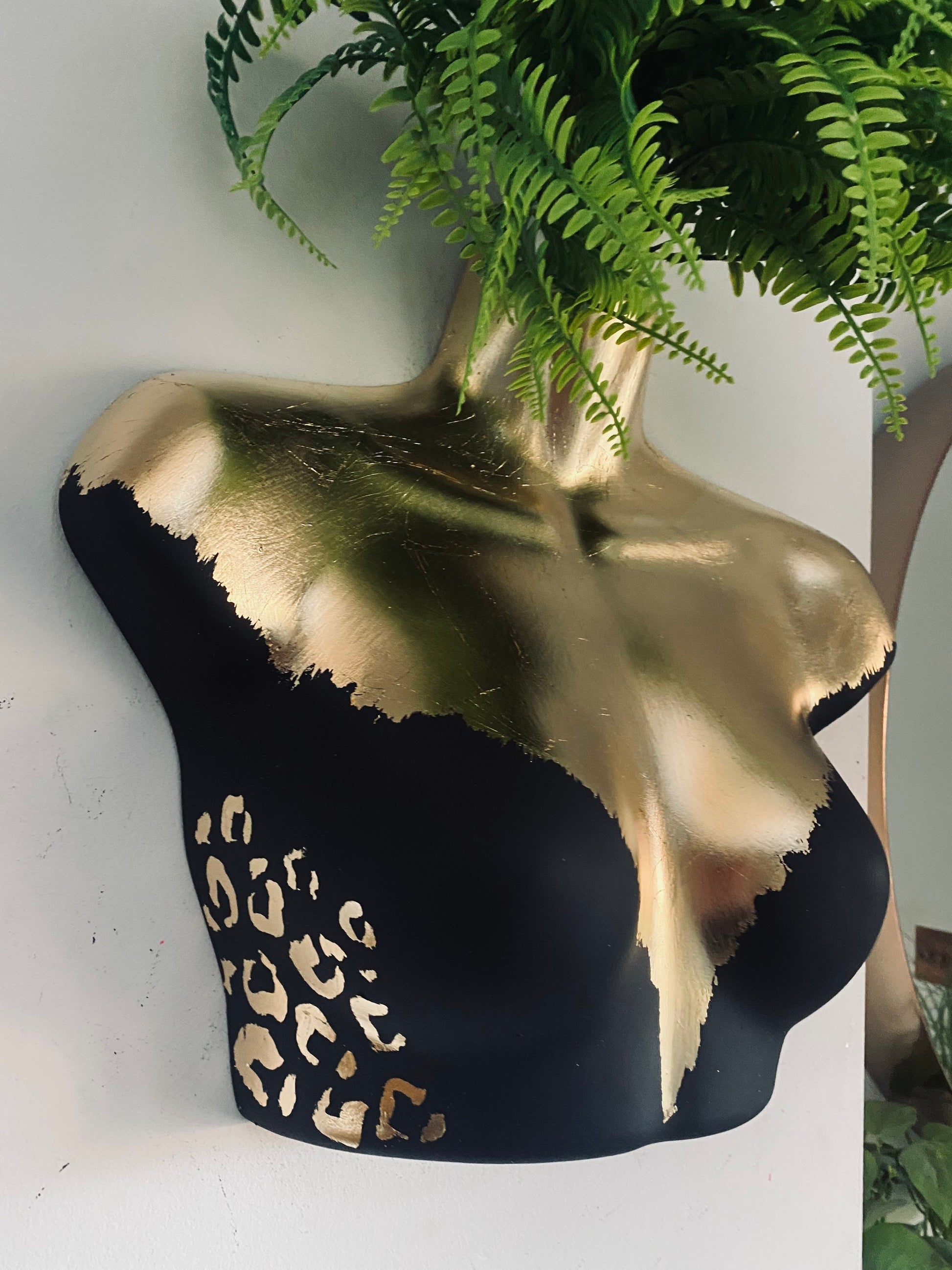 Female Wall Torso Boobie Artificial Plant Holder Black and Gold with gold leopard