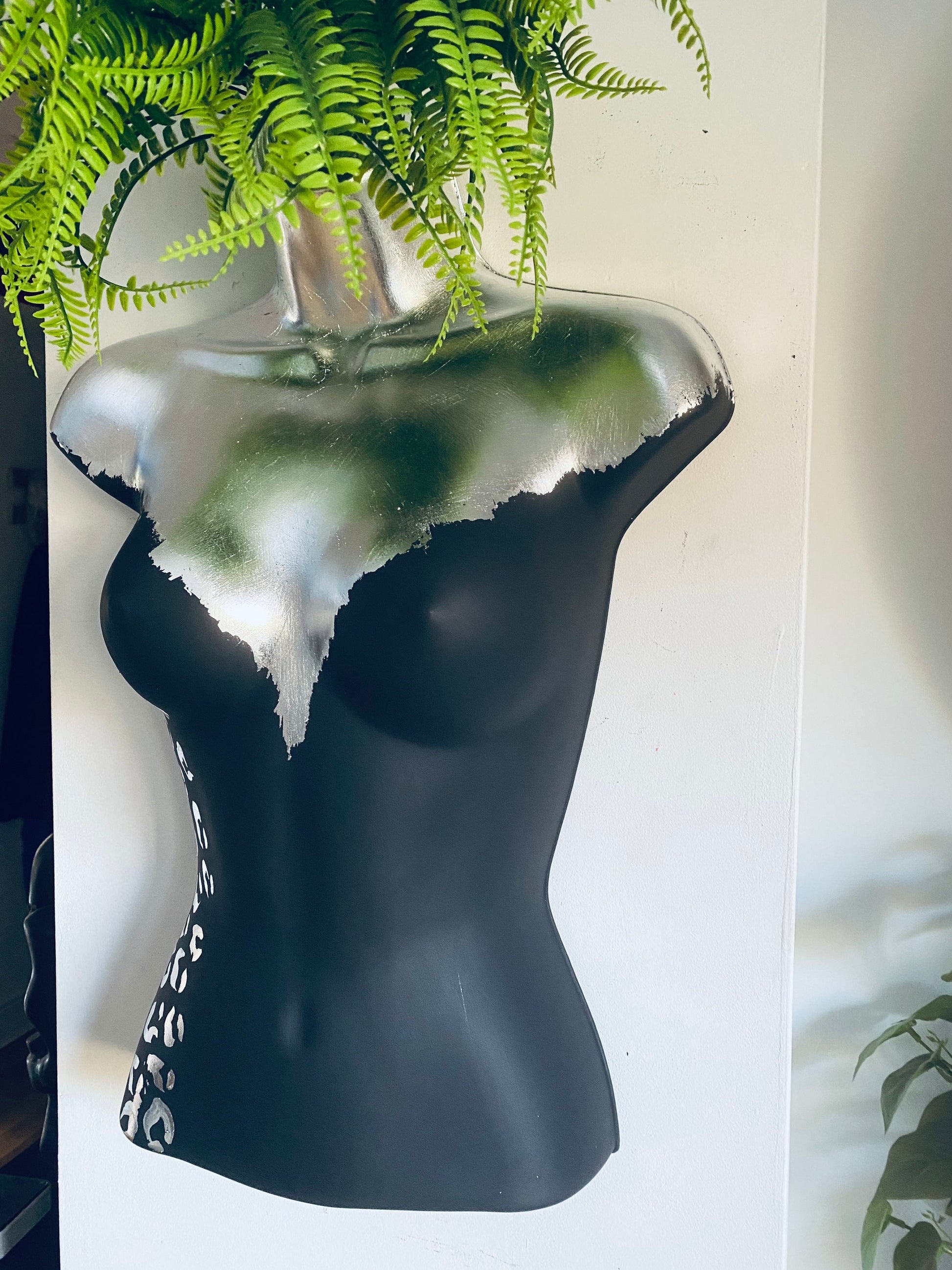 Female Boobie  Wall Torso Boobie Artificial Plant Holder Black and Silver with Silver Leopard