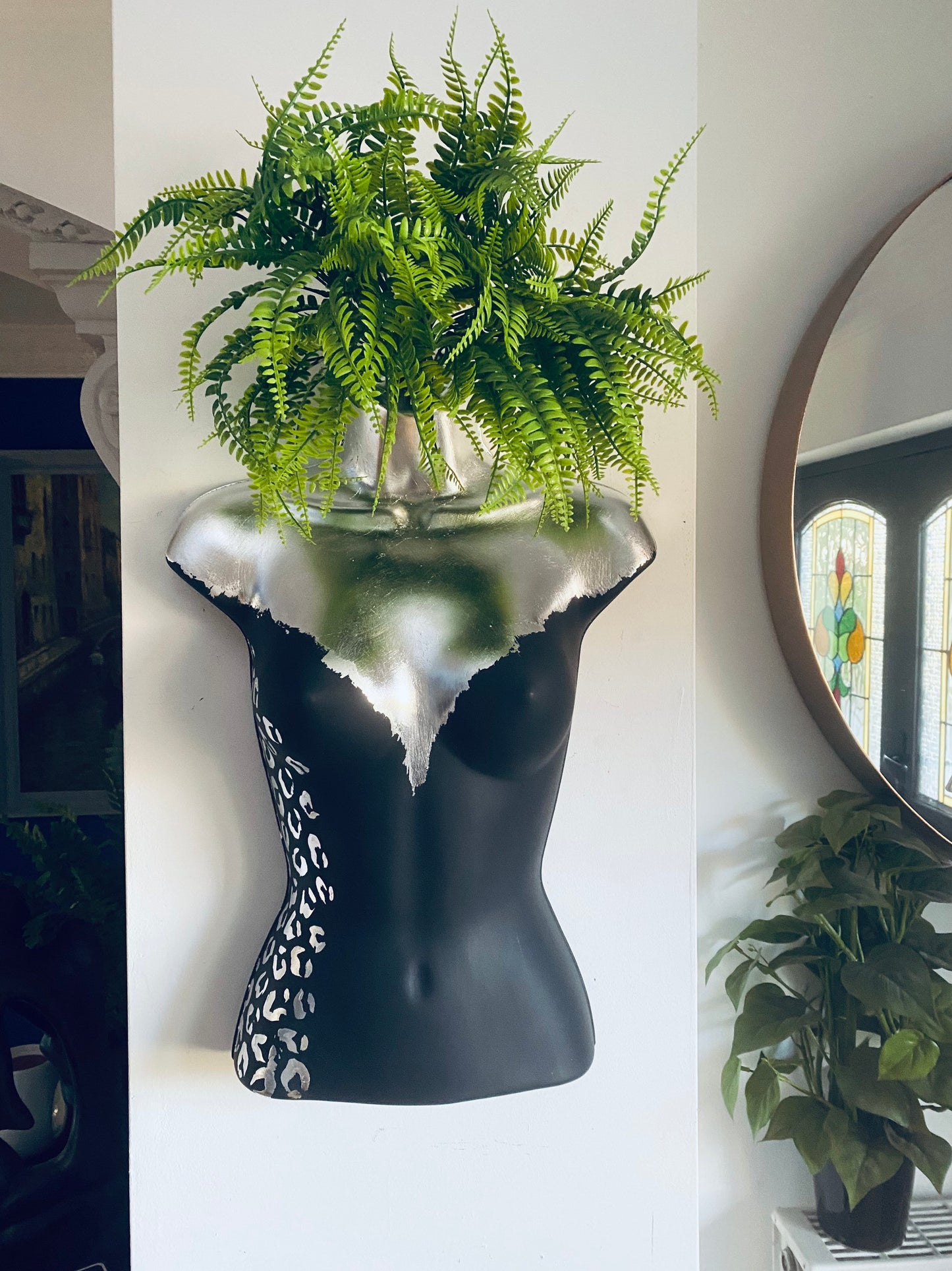 Female Boobie  Wall Torso Boobie Artificial Plant Holder Black and Silver with Silver Leopard