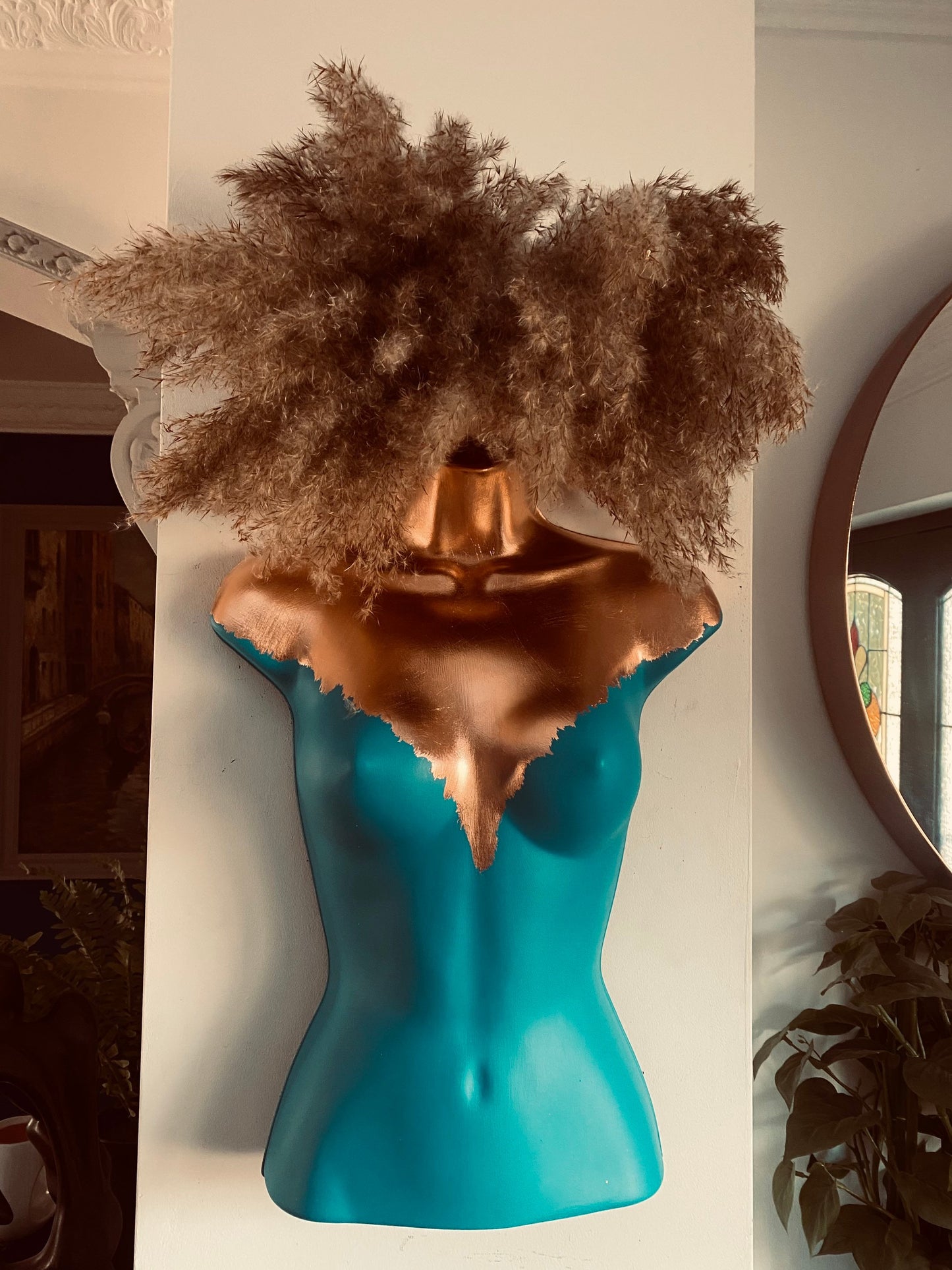 Female Boobie  Wall Torso Boobie Artificial Plant Holder Teal and Copper