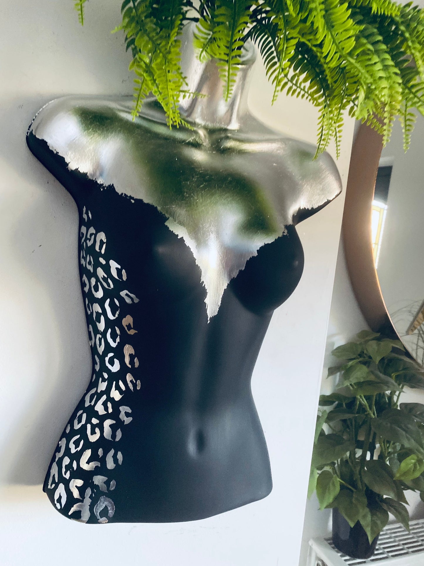 Female Boobie  Wall Torso Boobie Artificial Plant Holder Black and Silver with Silver Leopard