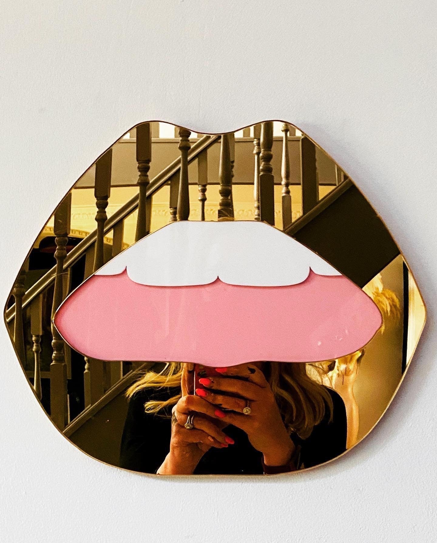 LARGE Gold Lip Mirror - Acrylic Mirror - Lip Decor - Gold lips with pink