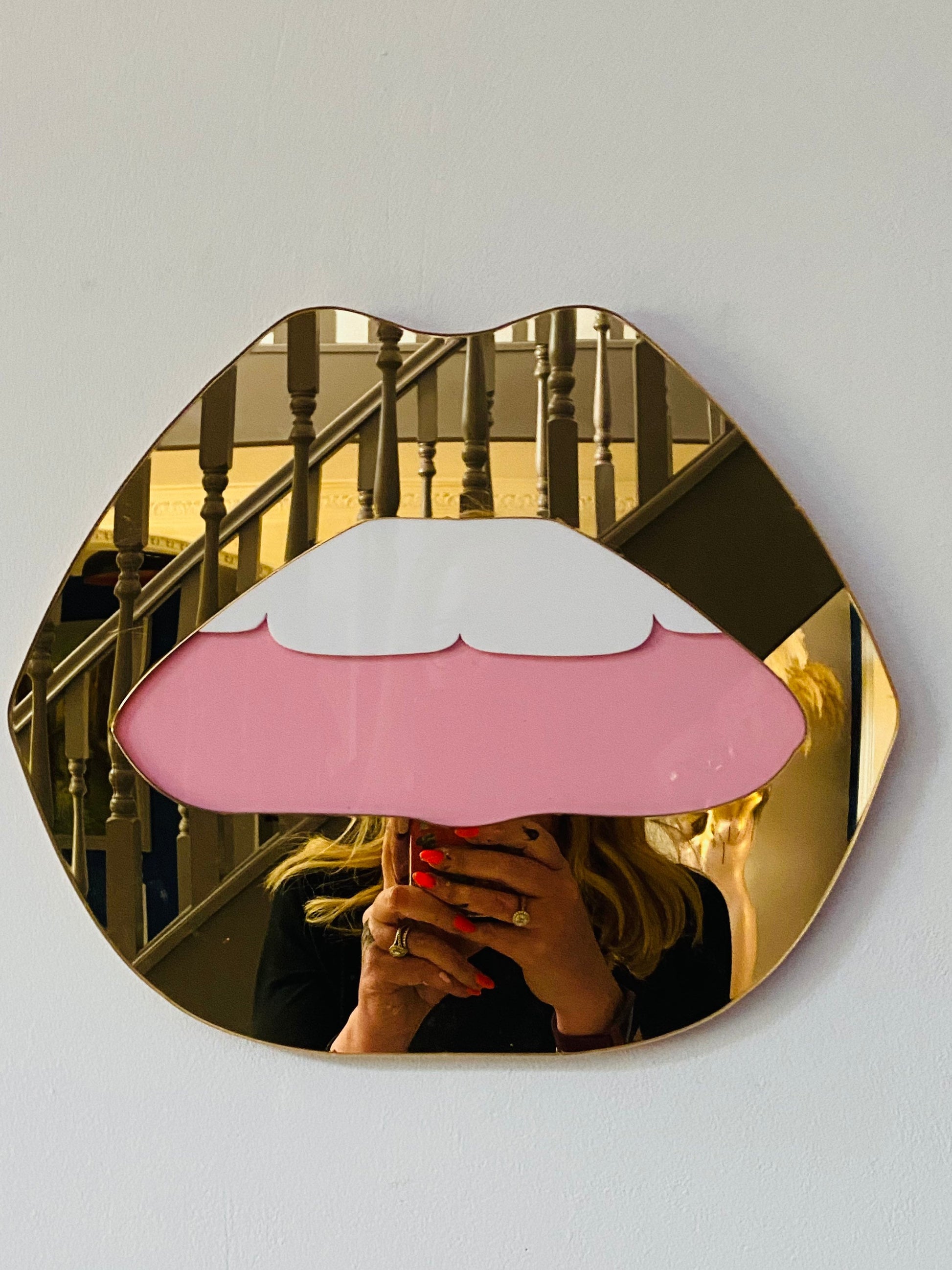 LARGE Gold Lip Mirror - Acrylic Mirror - Lip Decor - Gold lips with pink