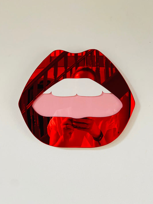 LARGE Red Lip Mirror with pink mouth  - Acrylic Mirror - Lip Decor - Red Lips