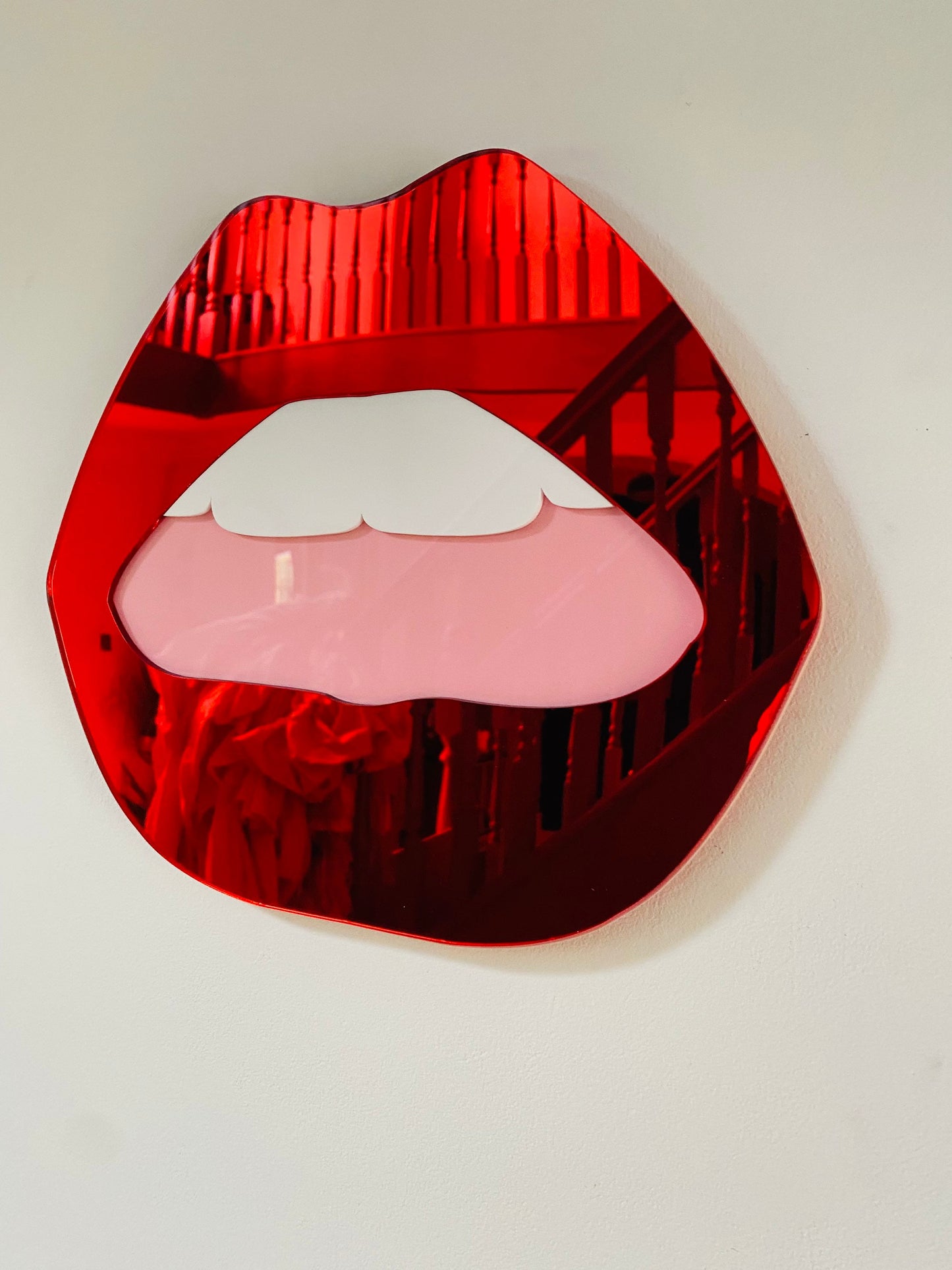 LARGE Red Lip Mirror with pink mouth  - Acrylic Mirror - Lip Decor - Red Lips