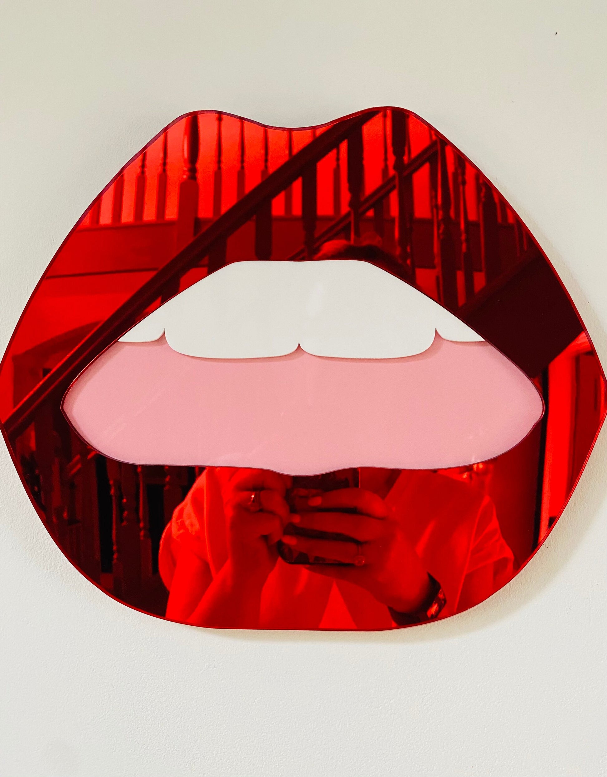 LARGE Red Lip Mirror with pink mouth  - Acrylic Mirror - Lip Decor - Red Lips