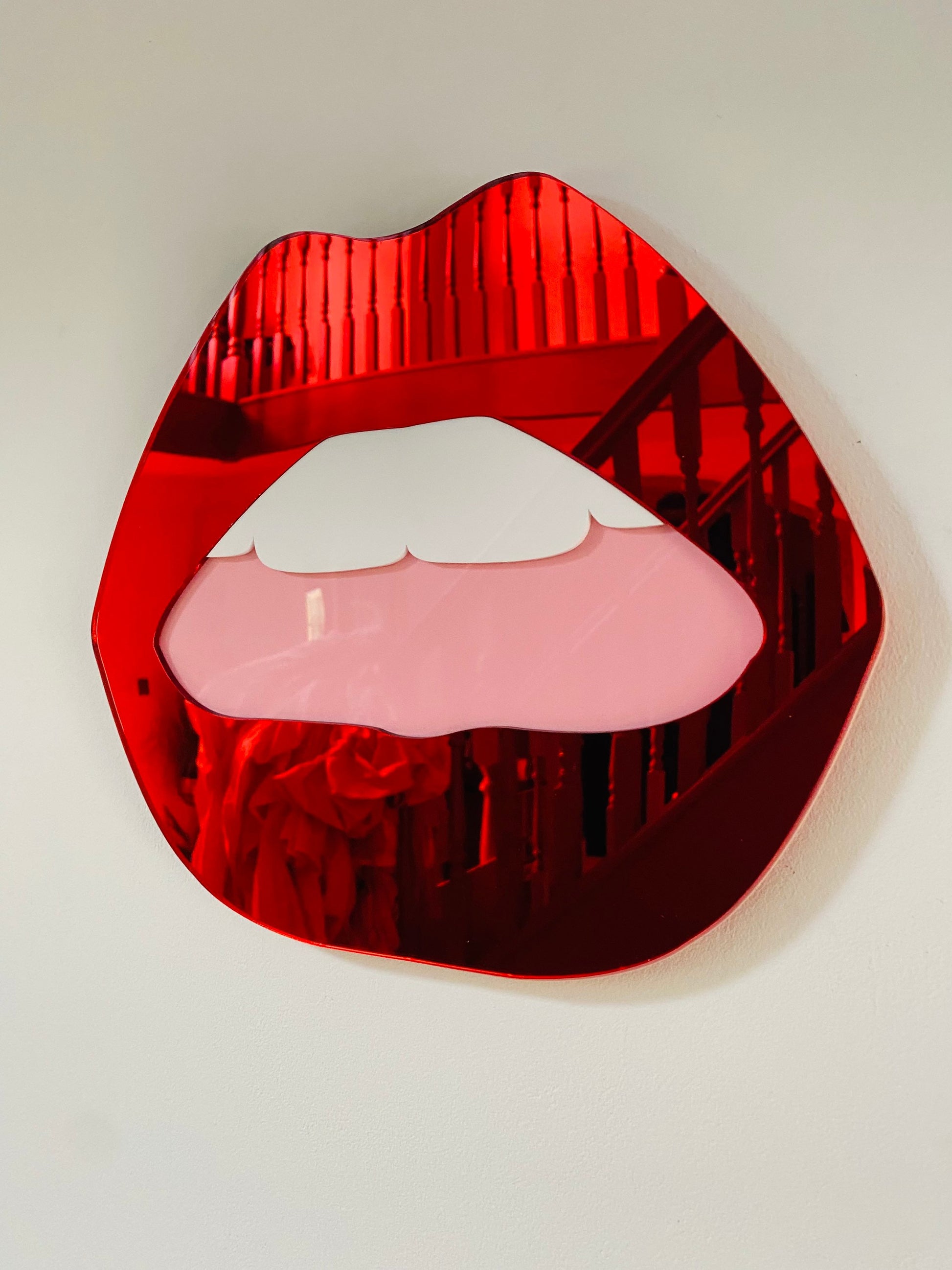 LARGE Red Lip Mirror with pink mouth  - Acrylic Mirror - Lip Decor - Red Lips