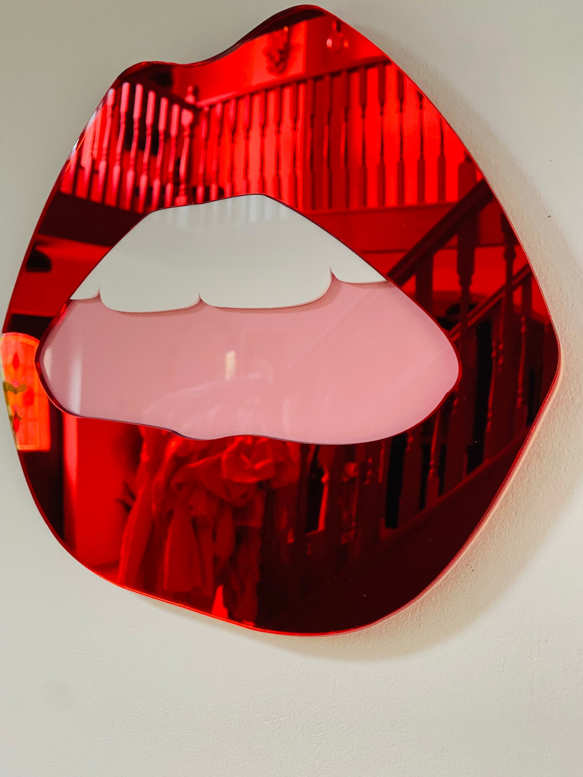 LARGE Red Lip Mirror with pink mouth  - Acrylic Mirror - Lip Decor - Red Lips