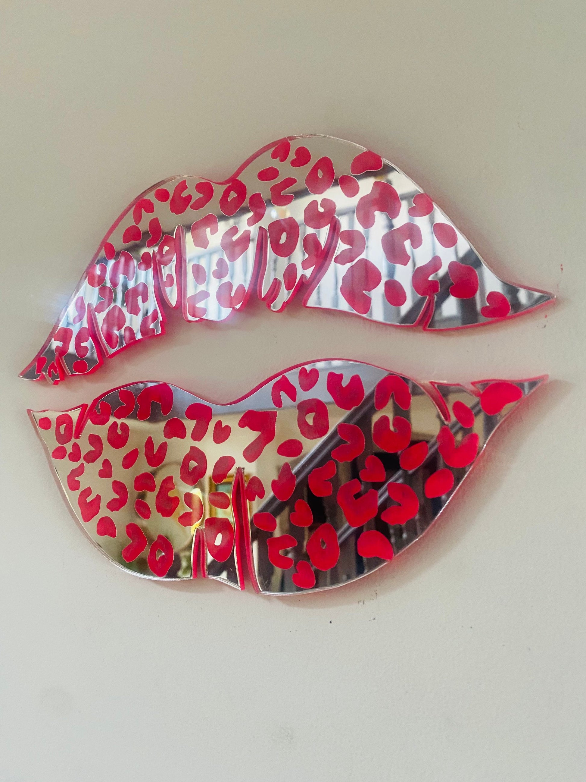 Silver mirror acrylic lips with neon pink leopard print  - Acrylic - Lip Decor - Wall decor - wall lips