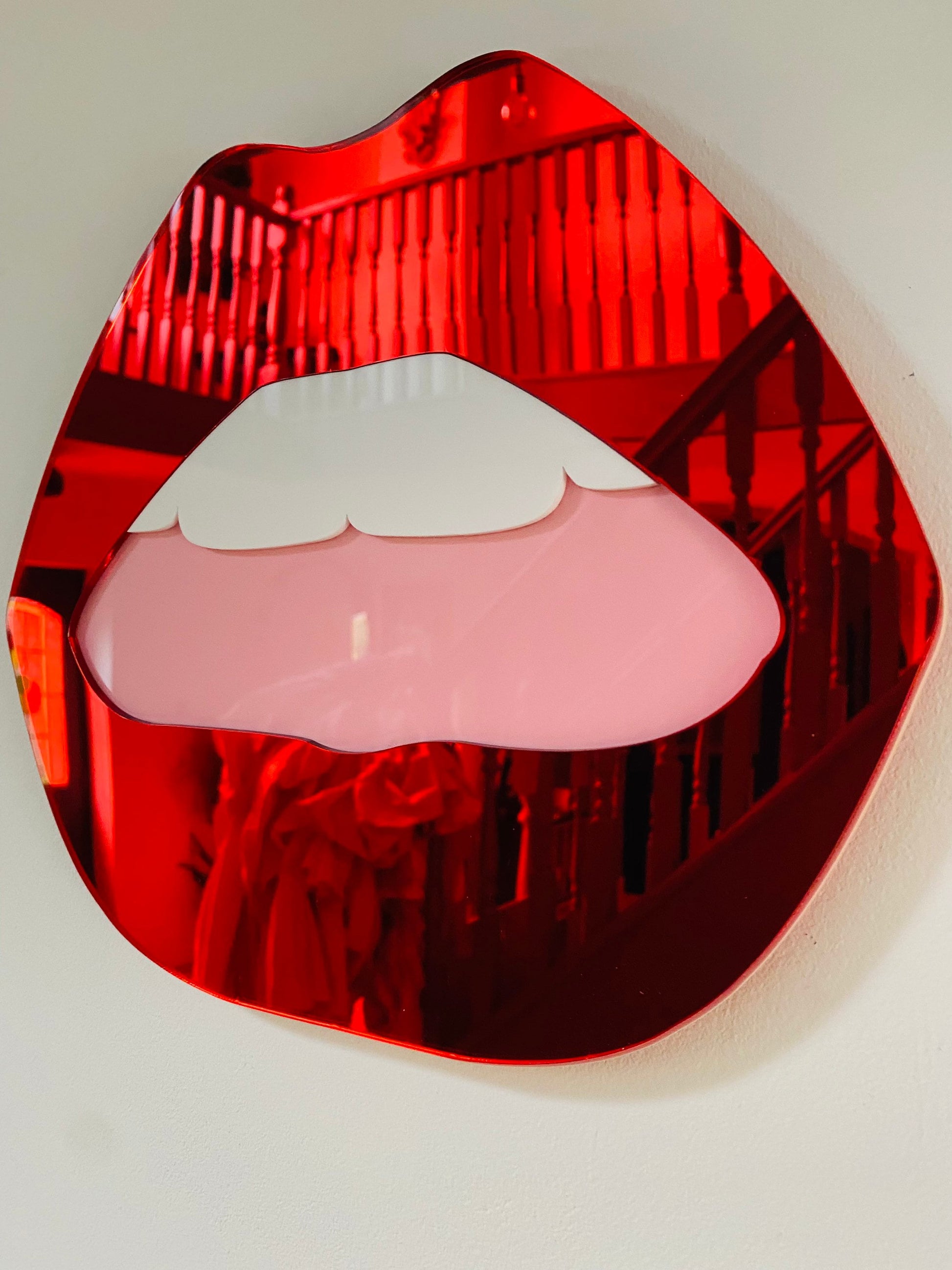 LARGE Red Lip Mirror with pink mouth  - Acrylic Mirror - Lip Decor - Red Lips