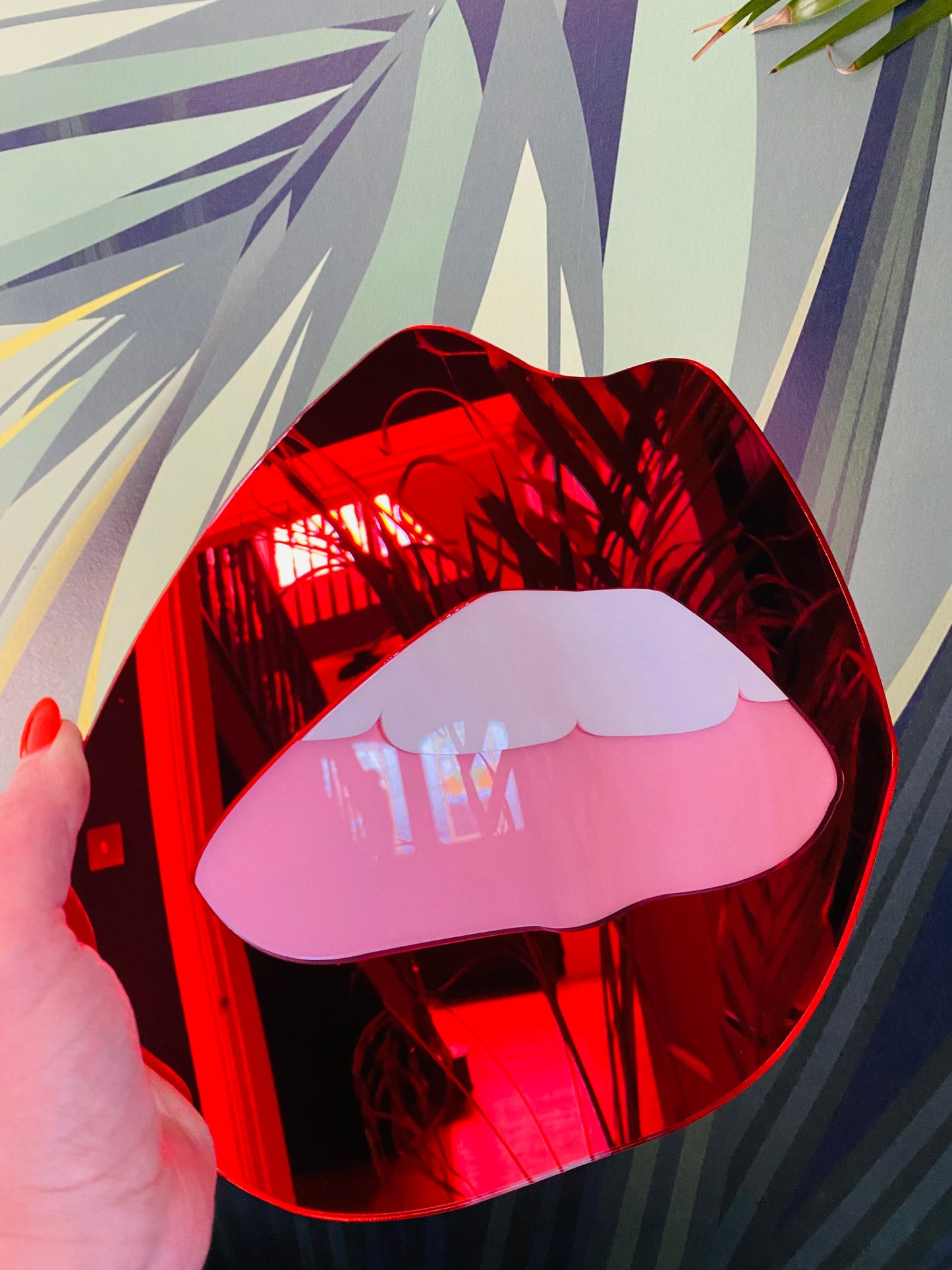 LARGE Red Lip Mirror with pink mouth  - Acrylic Mirror - Lip Decor - Red Lips