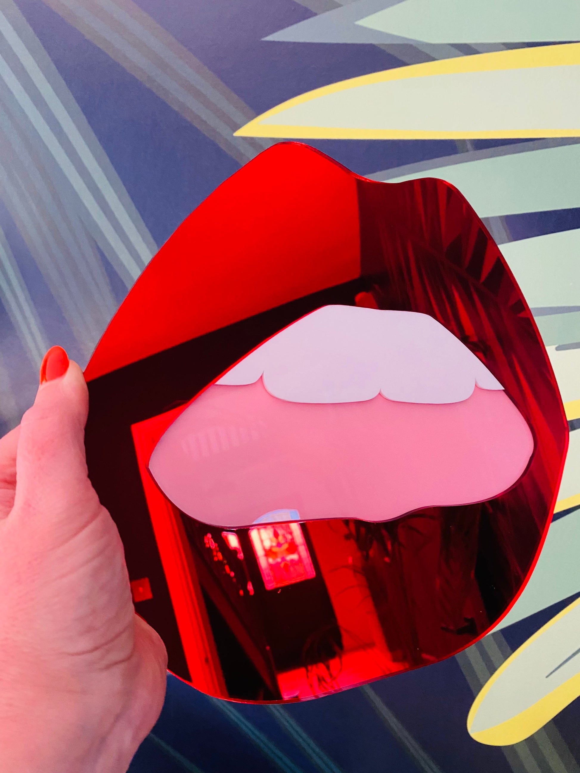 LARGE Red Lip Mirror with pink mouth  - Acrylic Mirror - Lip Decor - Red Lips