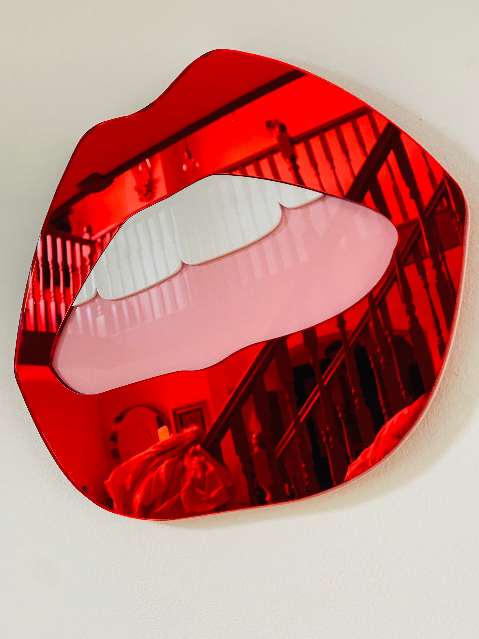 LARGE Red Lip Mirror with pink mouth  - Acrylic Mirror - Lip Decor - Red Lips