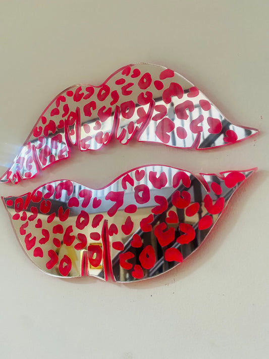 Silver mirror acrylic lips with neon pink leopard print  - Acrylic - Lip Decor - Wall decor - wall lips