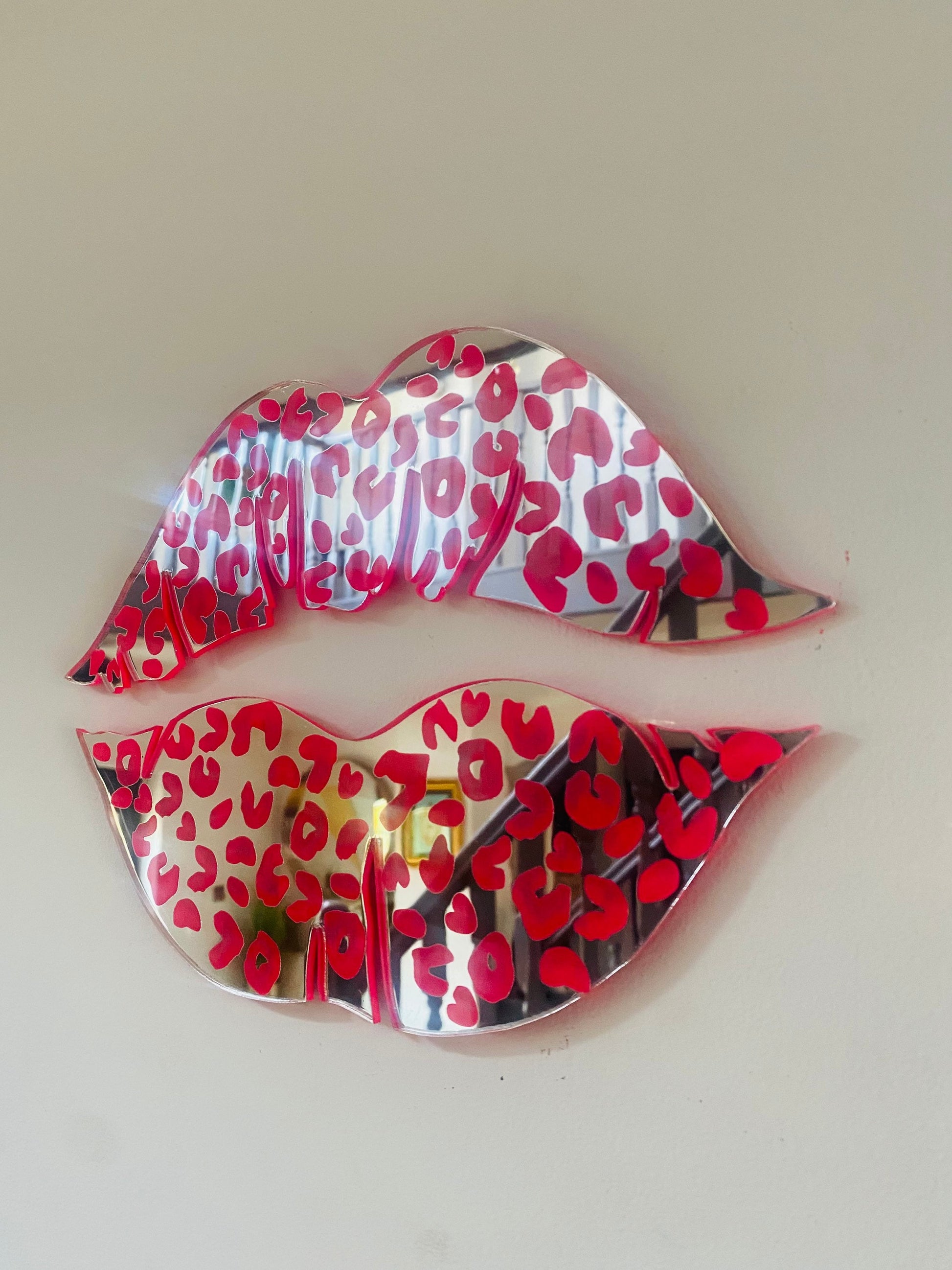 Silver mirror acrylic lips with neon pink leopard print  - Acrylic - Lip Decor - Wall decor - wall lips