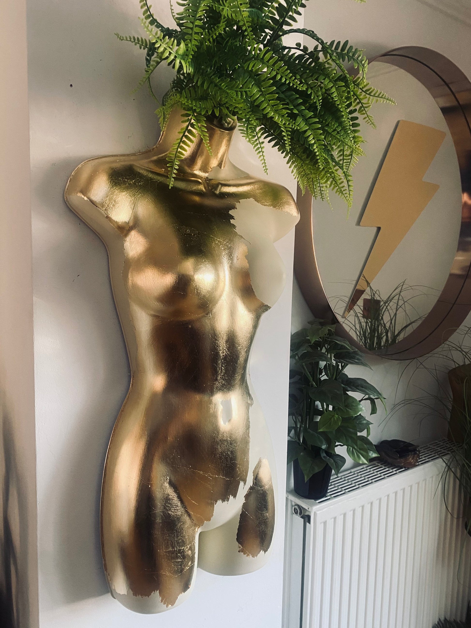 Female Wall Torso Boobie Artificial Plant Holder Warrior design with matt cream and gold leaf