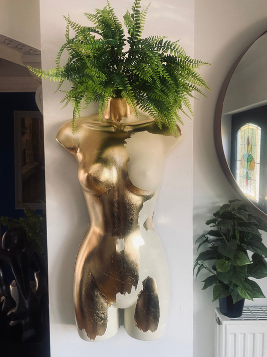 Female Wall Torso Boobie Artificial Plant Holder Warrior design with matt cream and gold leaf