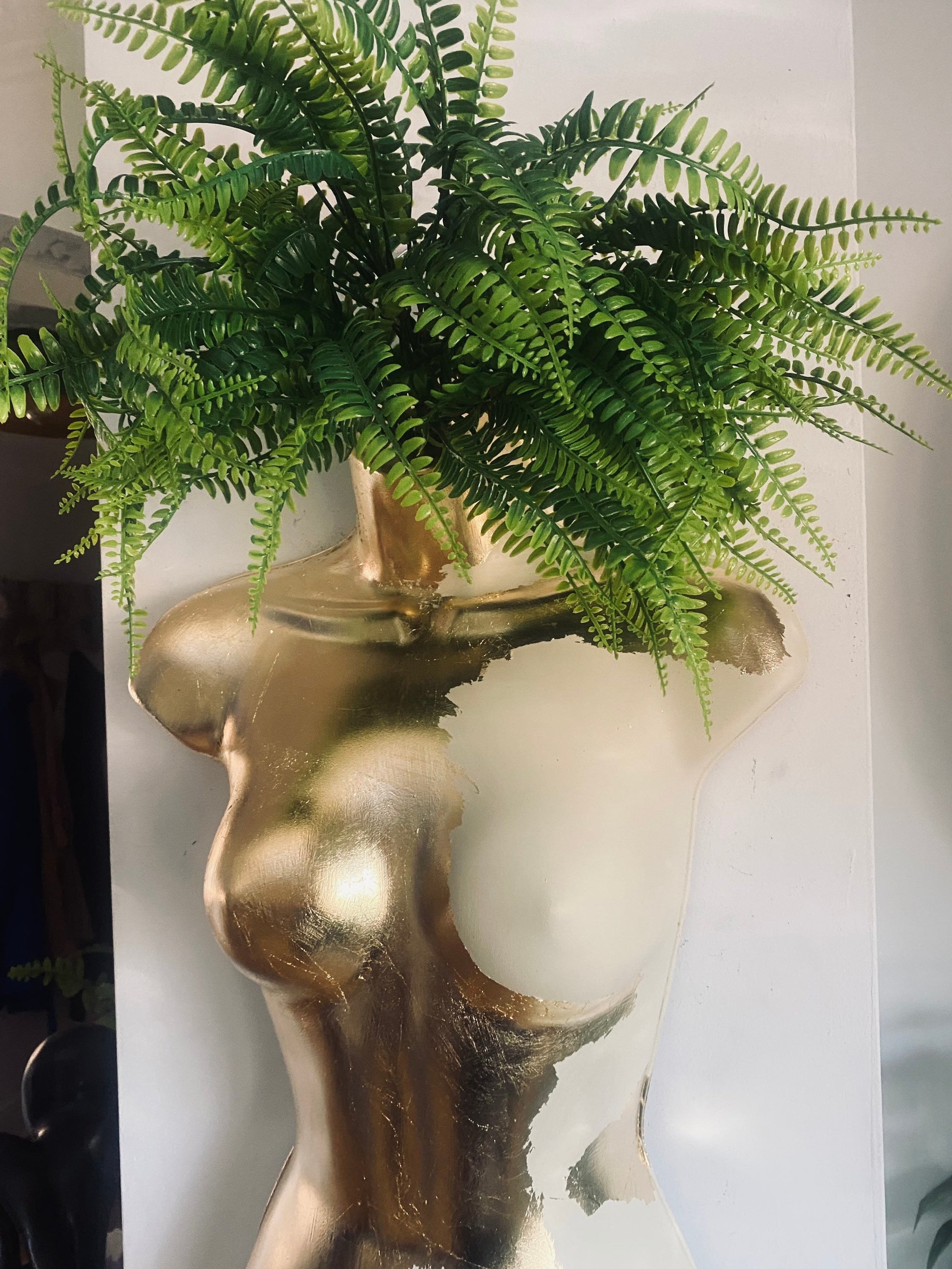 Female Wall Torso Boobie Artificial Plant Holder Warrior design with matt cream and gold leaf