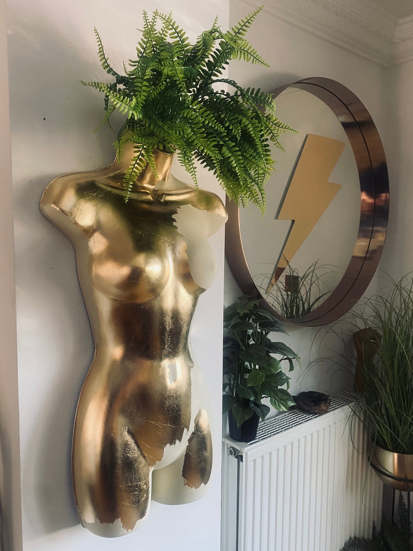 Female Wall Torso Boobie Artificial Plant Holder Warrior design with matt cream and gold leaf