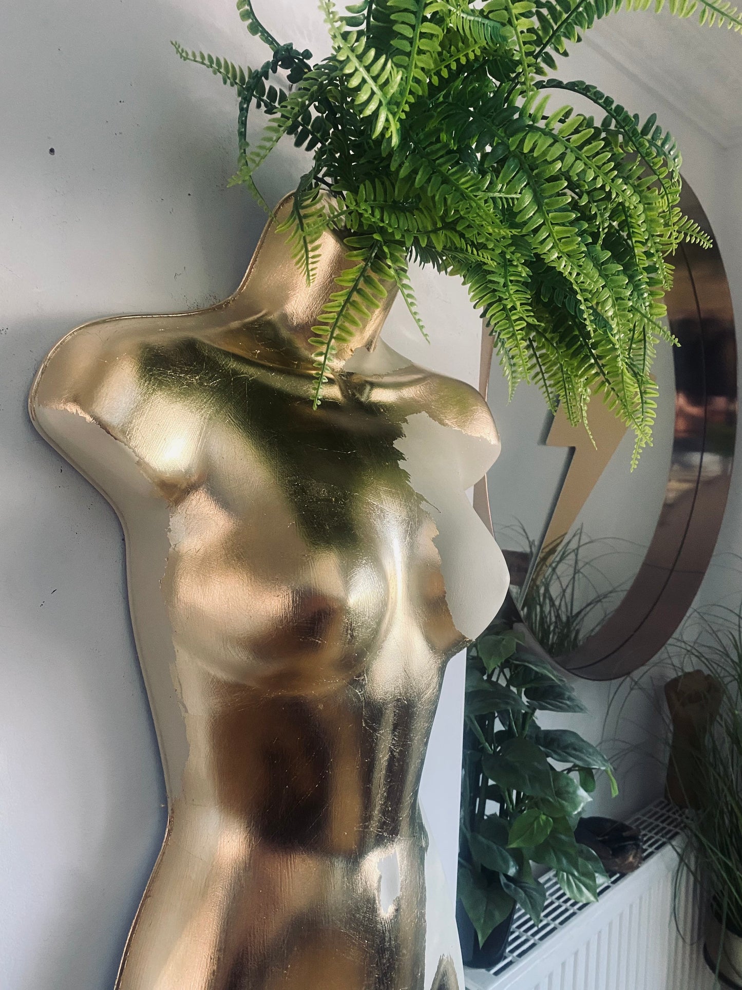 Female Wall Torso Boobie Artificial Plant Holder Warrior design with matt cream and gold leaf