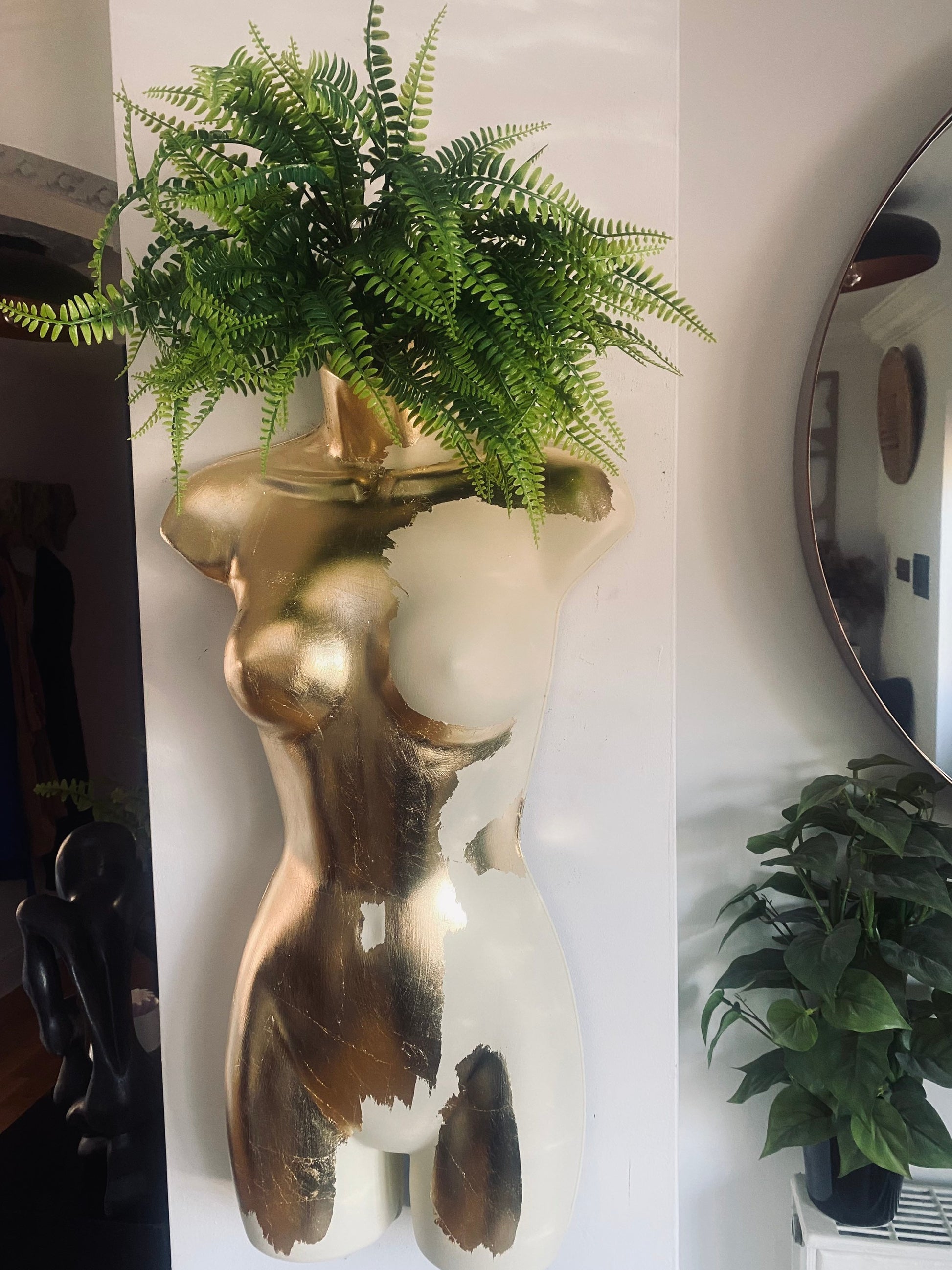 Female Wall Torso Boobie Artificial Plant Holder Warrior design with matt cream and gold leaf