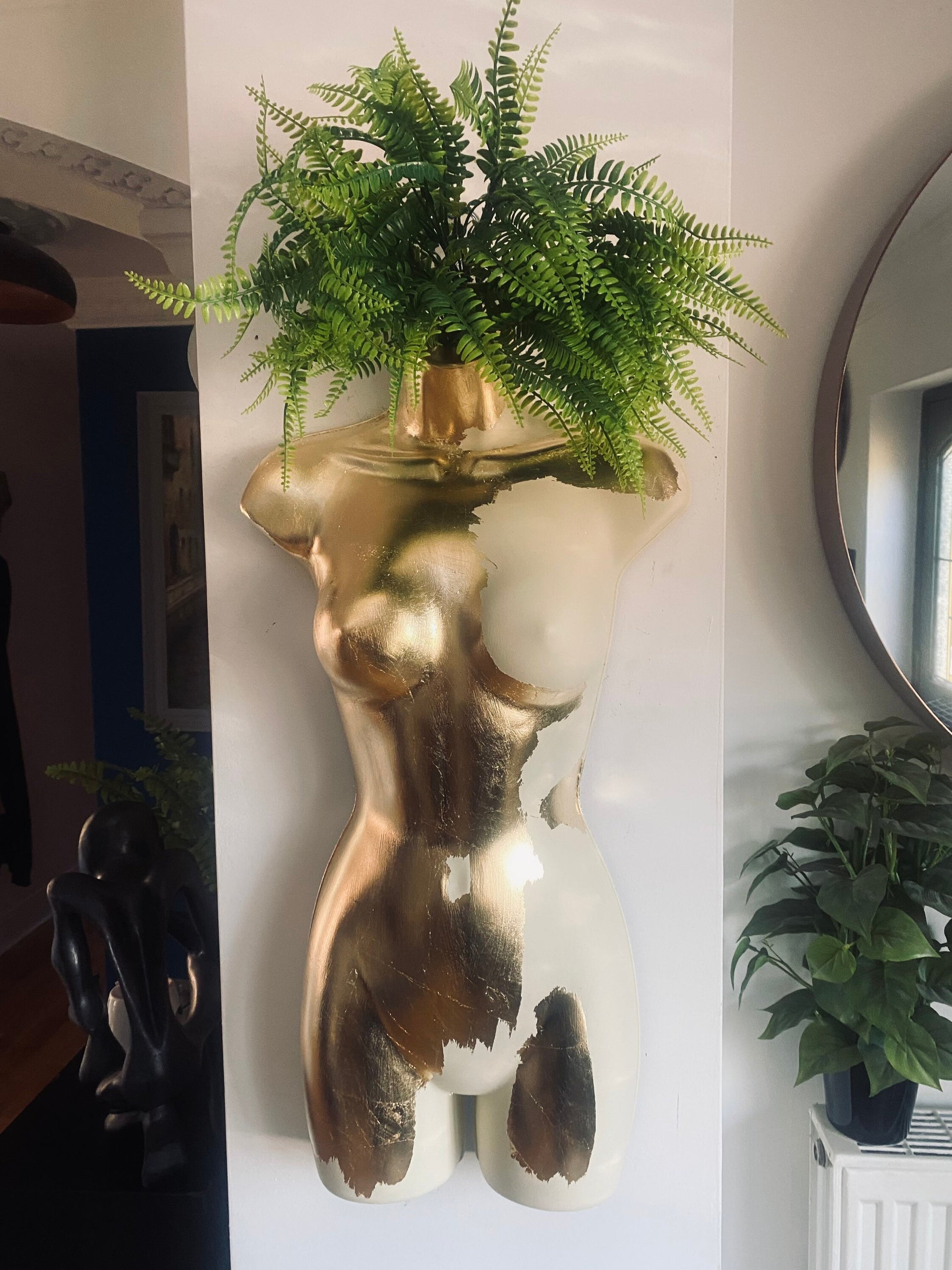 Female Wall Torso Boobie Artificial Plant Holder Warrior design with matt cream and gold leaf