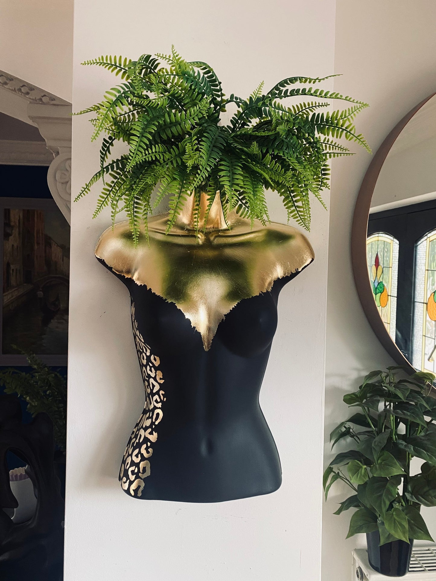 Female Boobie  Wall Torso Boobie Artificial Plant Holder Black and Gold with Gold Leopard