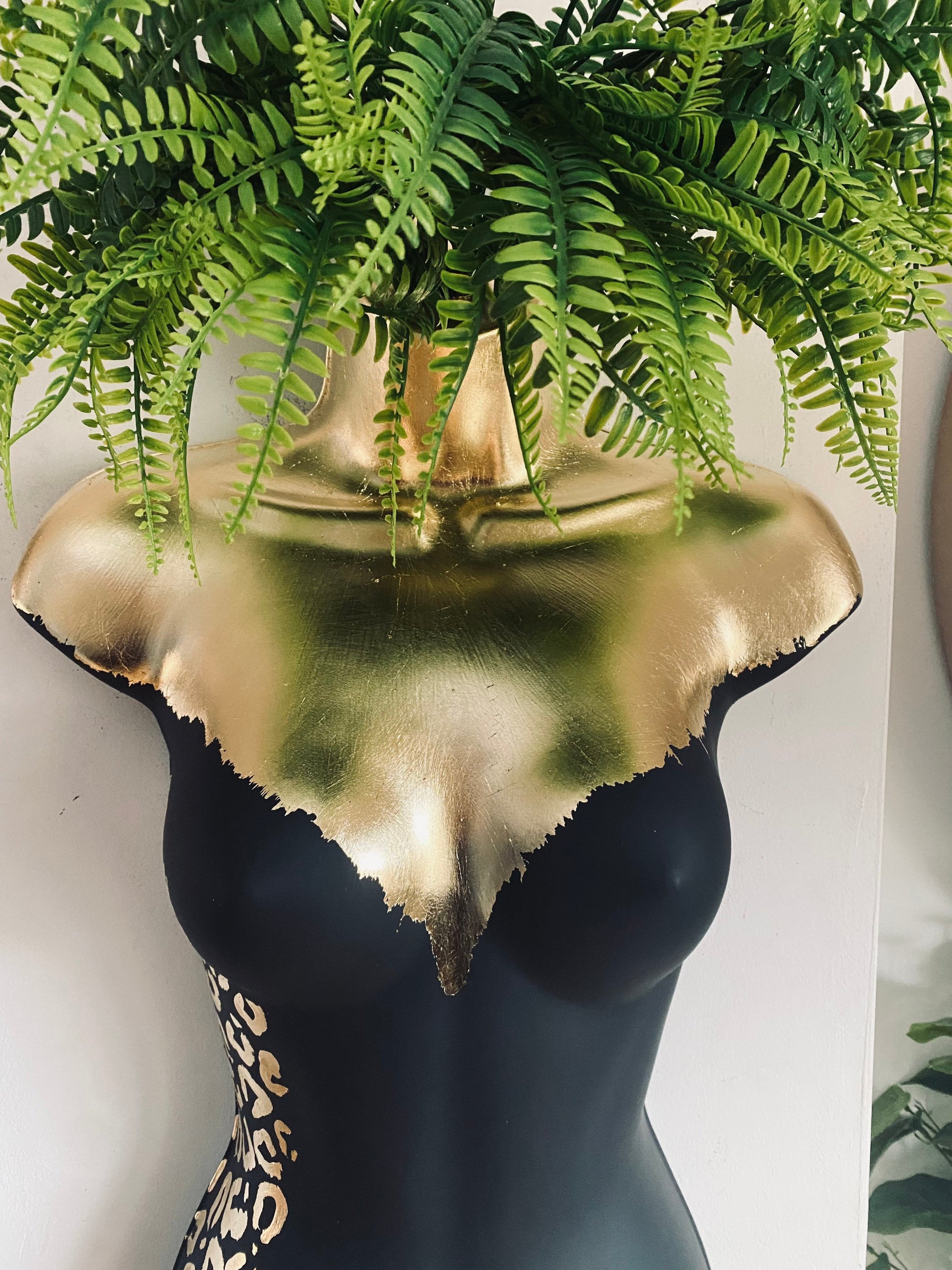 Female Boobie  Wall Torso Boobie Artificial Plant Holder Black and Gold with Gold Leopard