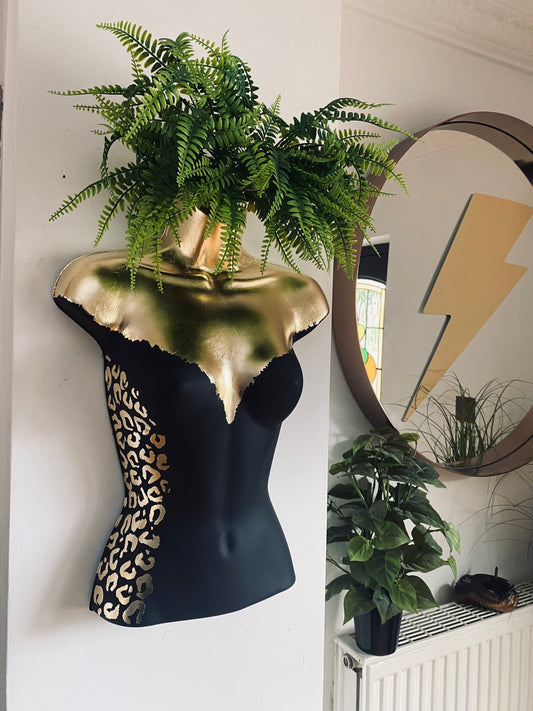 Female Boobie  Wall Torso Boobie Artificial Plant Holder Black and Gold with Gold Leopard