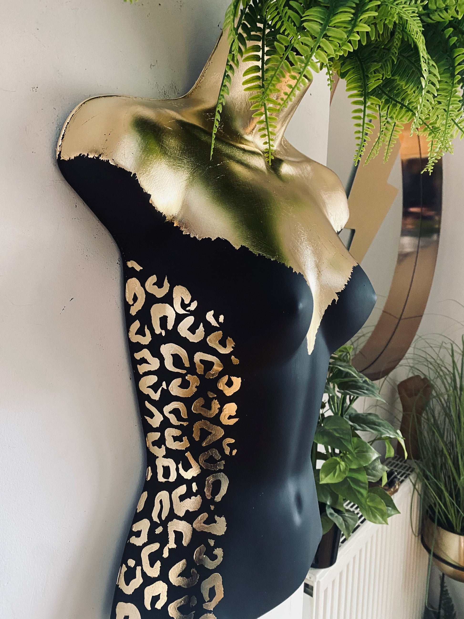 Female Boobie  Wall Torso Boobie Artificial Plant Holder Black and Gold with Gold Leopard