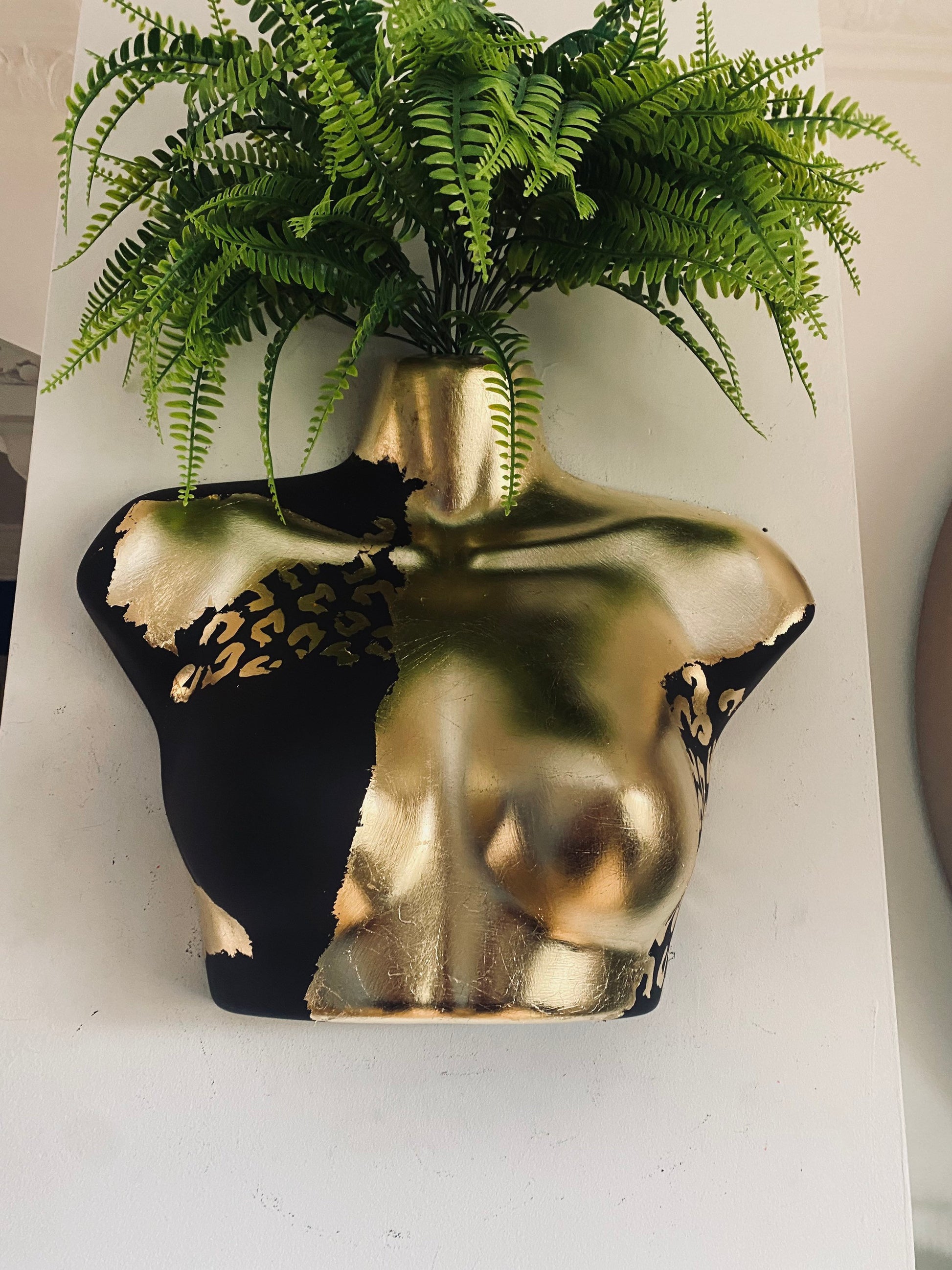 Female Wall Torso Boobie Artificial Plant Holder Black and Gold warrior with gold leopard