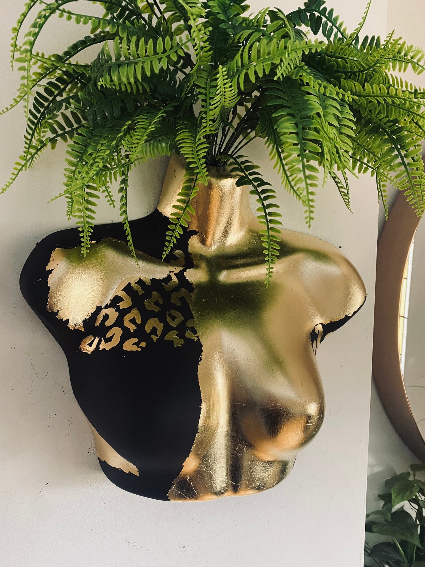 Female Wall Torso Boobie Artificial Plant Holder Black and Gold warrior with gold leopard