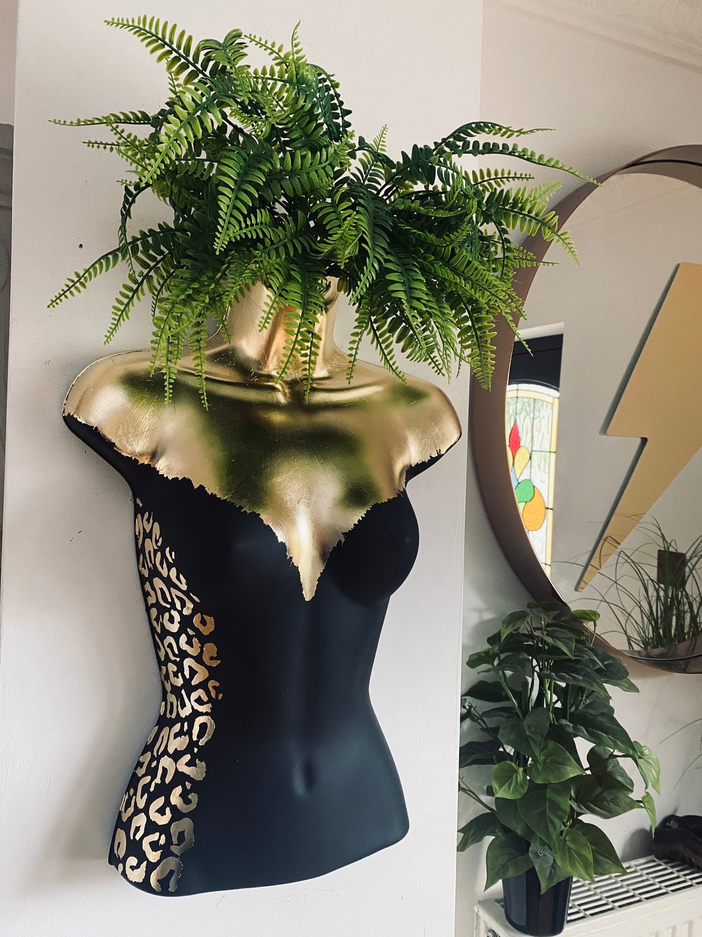 Female Boobie  Wall Torso Boobie Artificial Plant Holder Black and Gold with Gold Leopard